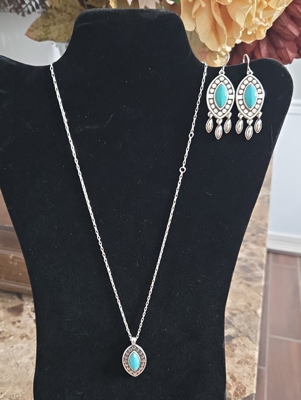 Brighton Silver Turquoise Teardrop Necklace with Matching Earrings